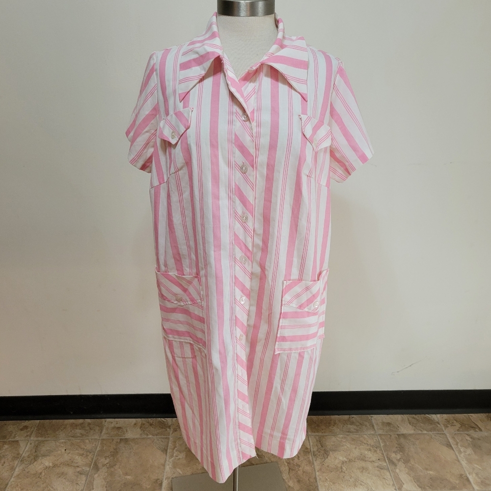 Vintage White Pink Striped Shirt Dress Sz 20.5